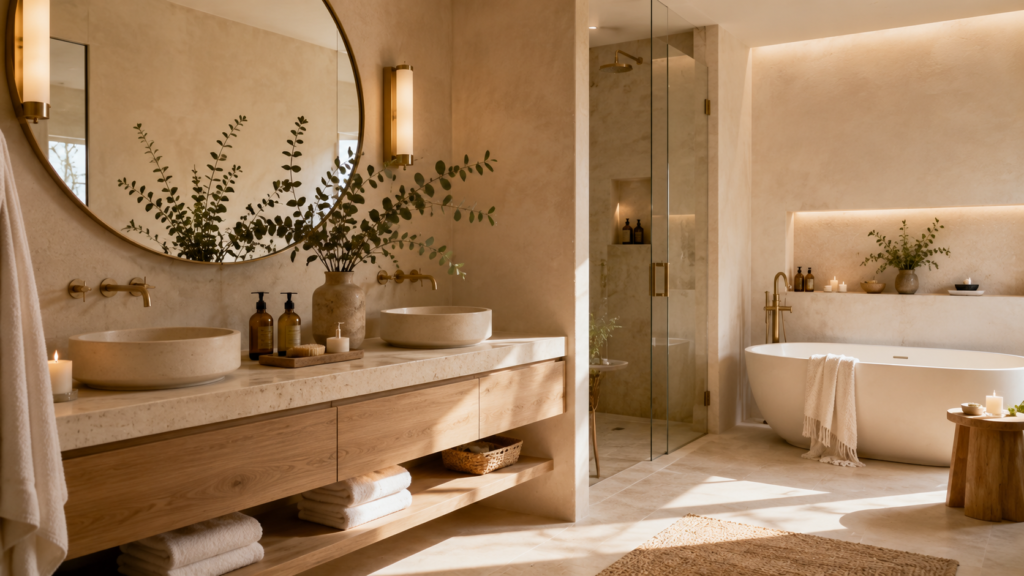 Bathroom decor ideas featuring a luxury spa-inspired bathroom with marble walls, freestanding bathtub, floating vanity, brass fixtures, warm lighting, and neutral decor.
