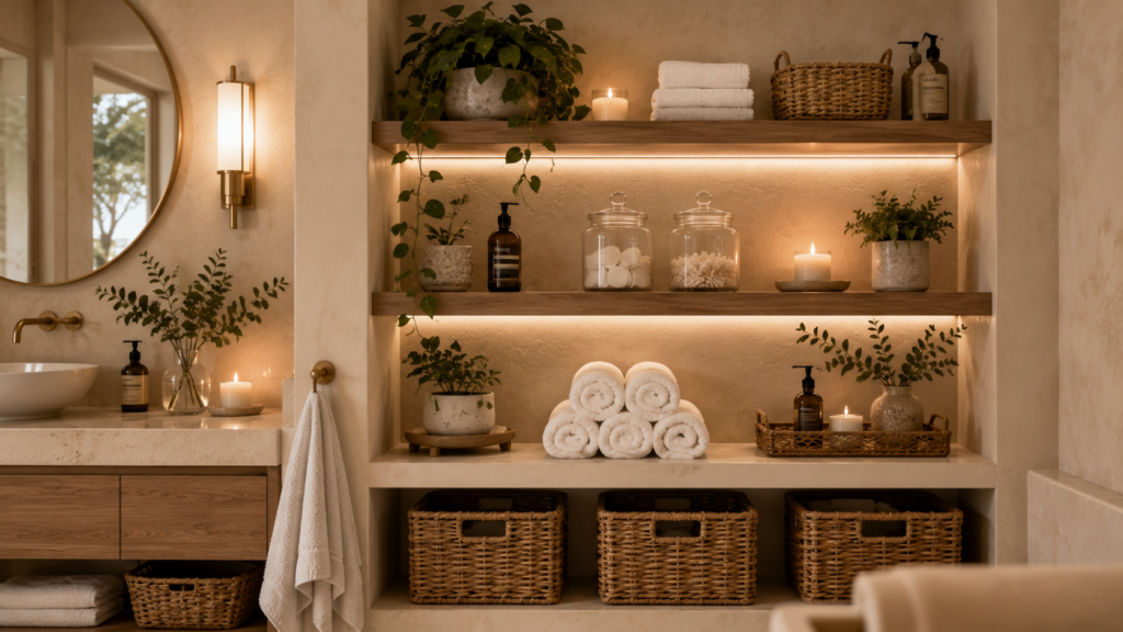 Bathroom decor ideas featuring a neutral spa-inspired bathroom with floating wood vanity, stone countertops, round mirror, and soft natural lighting.