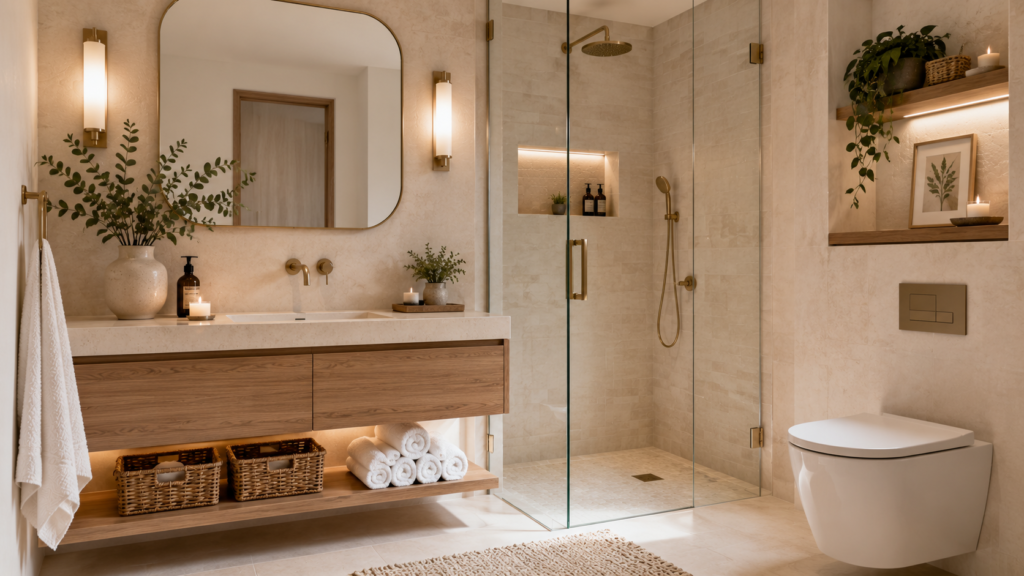 Bathroom decor ideas featuring open shelving styled with rolled white towels, candles, ceramic containers, woven baskets, and decorative greenery.