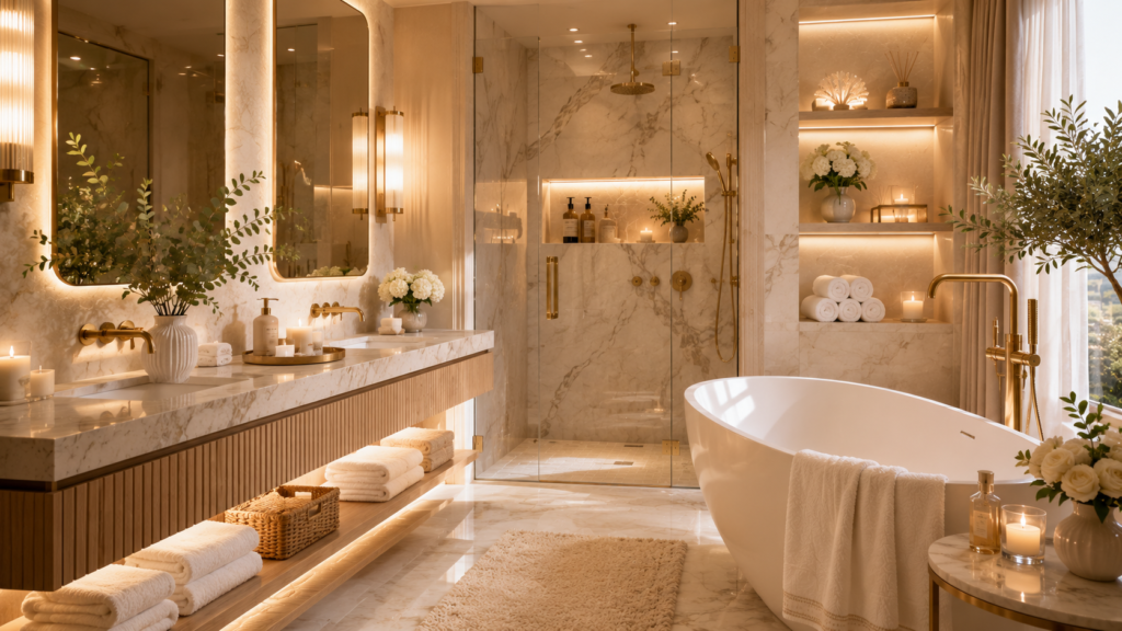 Bathroom decor ideas featuring a modern small bathroom with floating vanity, large mirror, glass shower enclosure, neutral tiles, and organized storage.