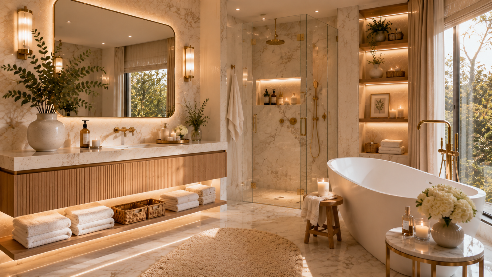 Bathroom decor ideas featuring a luxury hotel-style bathroom with marble walls, freestanding bathtub, brass fixtures, plush towels, and soft ambient lighting.