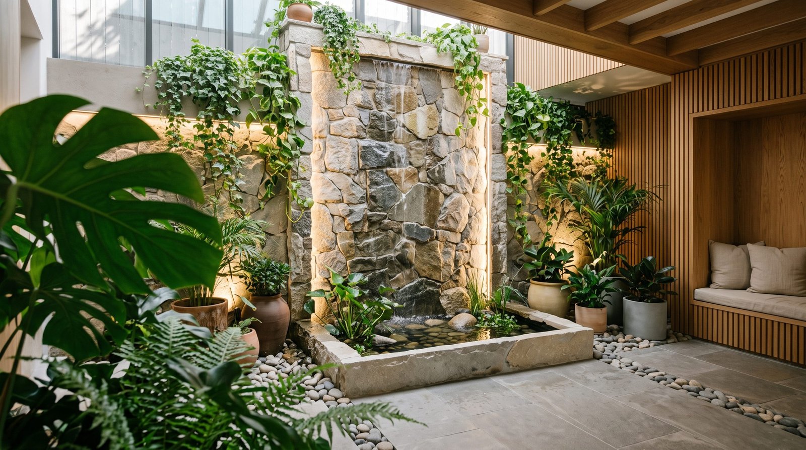 Backlit Fountain Wall Ideas with LED Lighting